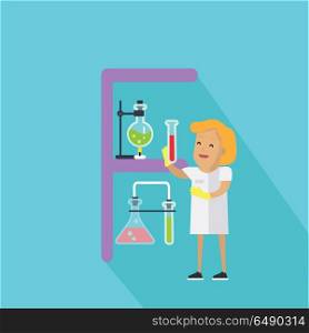 F Letter and Scientist with Chemical Fasks.. F letter and scientist with chemical flasks. Human characters in white gowns with scientific equipment. Alphabet series with people. Chemistry and chemical equipment. Educational concept. ABC vector