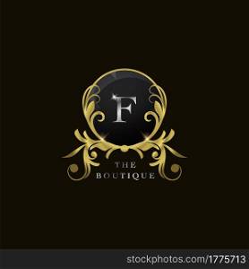 F Letter Golden Circle Shield Luxury Boutique Logo, vector design concept for initial, luxury business, hotel, wedding service, boutique, decoration and more brands.