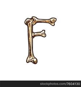 F letter of os or bones isolated spooky alphabet sign. Vector Halloween typography element. Capital letter F of bones isolated ABC symbol