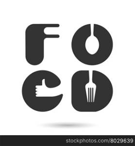 "F,O,O and D-letters logo elements design.Spoon and fork icon with human hand symbol."Food Good Taste" Words logo.Food and drink concept.Vector illustration"