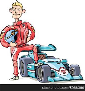 F1 racer and his sports car. The brave F1 racer is standing near his blue racing car.