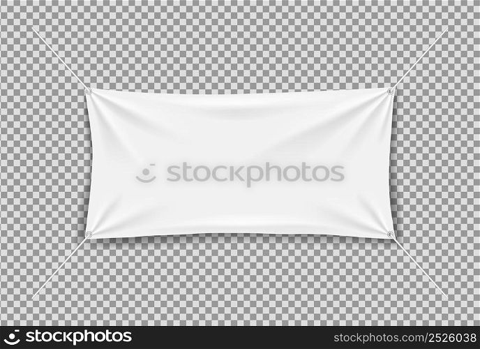 Fabric banner with rope. White canvas banner. Hanging textile flag with folds. Mockup of fabric poster with rope. Blank horizontal mockup of flag isolated on transparent background. Vector.