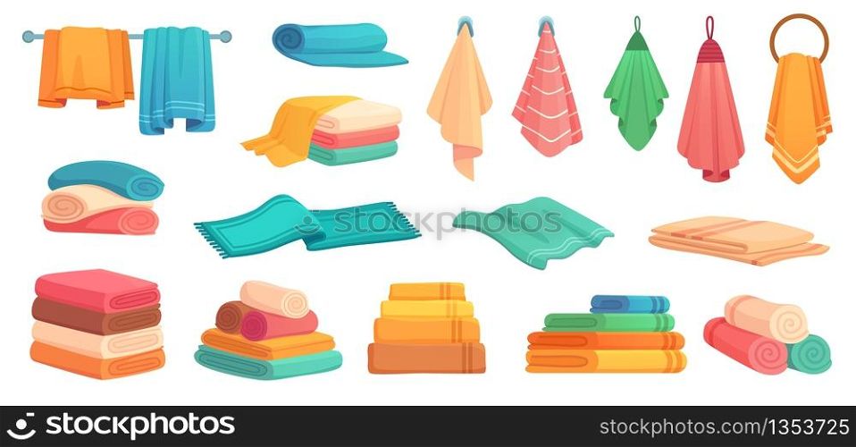 Fabric bath towels. Colorful clean bathtub towel, soft textile and stack of towels cartoon vector set. Illustration fabric fluffy and cotton, hygiene beach towel. Fabric bath towels. Colorful clean bathtub towel, soft textile and stack of towels cartoon vector set