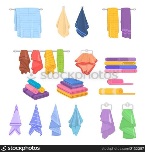 Fabric cartoon bath towels. Isolated towel, bathtub rag icons. Colorful hanging fabric, beach, hotel or spa textile. Kitchen or bathroom decent vector elements. Illustration of cotton towel hygiene. Fabric cartoon bath towels. Isolated towel, bathtub rag icons. Colorful hanging fabric, beach, hotel or spa textile. Kitchen or bathroom decent vector elements