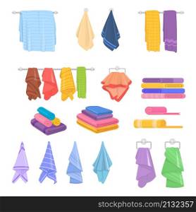 Fabric cartoon bath towels. Isolated towel, bathtub rag icons. Colorful hanging fabric, beach, hotel or spa textile. Kitchen or bathroom decent vector elements. Illustration of cotton towel hygiene. Fabric cartoon bath towels. Isolated towel, bathtub rag icons. Colorful hanging fabric, beach, hotel or spa textile. Kitchen or bathroom decent vector elements