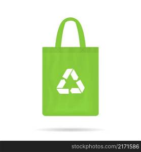 Fabric eco bag. Recycle and reusable ecobag. Canvas bag for shopping. Green ecobag. Green cotton tote bag with white recycle icon. Vector illustration.