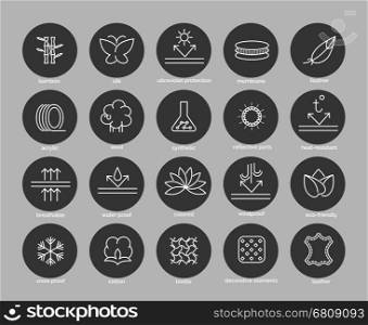 Fabric feature line icons set. Fabric feature line icons set in black circles. Vector illustration