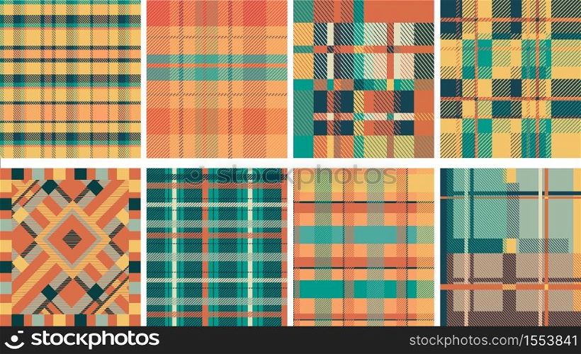 Fabric pattern lumberjack seamless. Checkered ornament in classic Scottish style clan symbols stylish coloring of rustic shirt traditional geometric style fashionable vector tiled square.. Fabric pattern lumberjack seamless. Checkered ornament in classic Scottish style clan symbols stylish coloring.