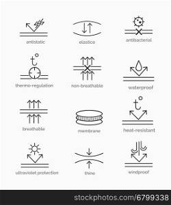 Fabric properties icons. Fabric properties and garment material features icons. Vector illustration