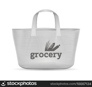 Fabric shopping bag. Realistic roomy handbag for purchases from grocery shop. White reusable textile packaging with black lettering, isolated eco-friendly empty sack for food products, vector package. Fabric shopping bag. Realistic handbag for purchases from grocery shop. White reusable textile packaging with lettering, isolated eco-friendly empty sack for food products, vector package