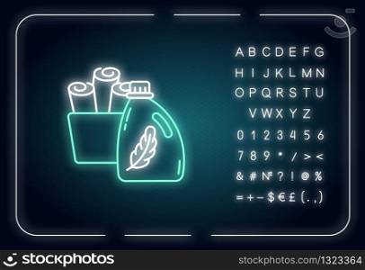 Fabric softener neon light icon. Cleaning product, laundry detergent conditioner bottle. Outer glowing effect. Sign with alphabet, numbers and symbols. Vector isolated RGB color illustration