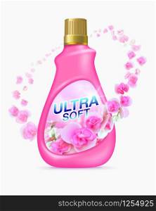 Fabric softener products Premium design with fragrant flowers, pink bottles, golden bottle cap on a white background. advertising media, fabric softeners, iron detergent, dry cleaners, detergents.