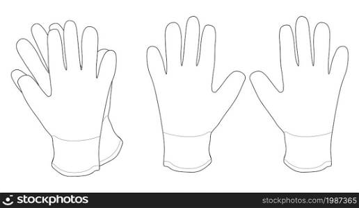 Fabric working gloves pair. Contour lines clip art vector illustration isolated on white. Pair of white working gloves. Contour
