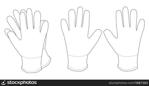 Fabric working gloves pair. Contour lines clip art vector illustration isolated on white. Pair of white working gloves. Contour