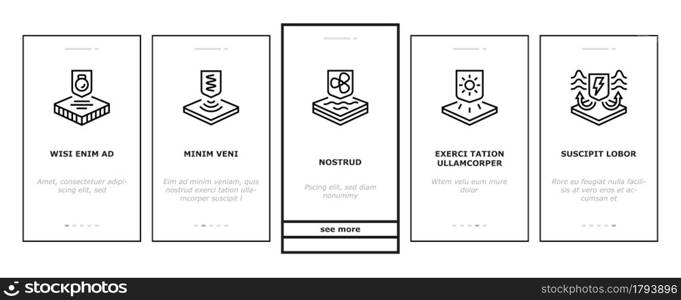 Fabrics Properties Onboarding Mobile App Page Screen Vector. Elastic And Stretched, Warm And Cool, Antibacterial And Breathable Fabrics Properties Illustrations. Fabrics Properties Onboarding Icons Set Vector