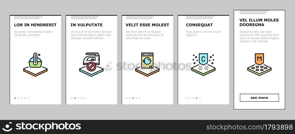 Fabrics Properties Onboarding Mobile App Page Screen Vector. Elastic And Stretched, Warm And Cool, Antibacterial And Breathable Fabrics Properties Illustrations. Fabrics Properties Onboarding Icons Set Vector