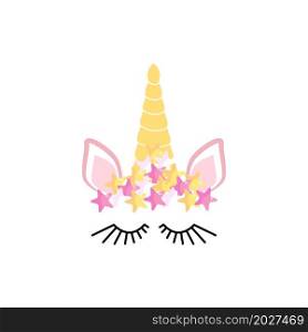 Fabulous cute unicorn with golden gilded horn and closed eyes. Unicorn&rsquo;s Horn with Flowers and Eyelashes. Fabulous cute unicorn with golden gilded horn and closed eyes with Flowers and Eyelashes
