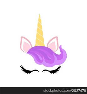 Fabulous cute unicorn with golden gilded horn and closed eyes. Unicorn&rsquo;s Horn with Flowers and Eyelashes. Fabulous cute unicorn with golden gilded horn and closed eyes with Flowers and Eyelashes