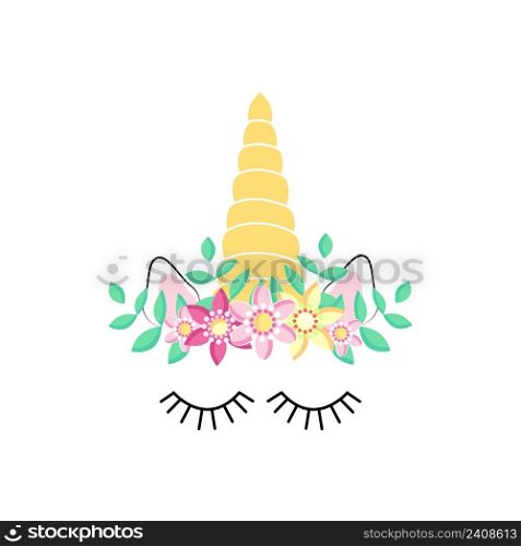 Fabulous cute unicorn with golden gilded horn and closed eyes. Unicorn&rsquo;s Horn with Flowers and Eyelashes. Fabulous cute unicorn with golden gilded horn and closed eyes.