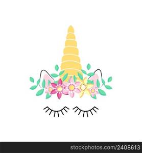 Fabulous cute unicorn with golden gilded horn and closed eyes. Unicorn&rsquo;s Horn with Flowers and Eyelashes. Fabulous cute unicorn with golden gilded horn and closed eyes.