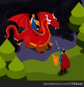 Fabulous heroes isometric composition with fight for princess between prince and dragon in forest vector illustration. Fabulous Heroes Isometric Composition