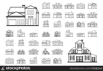 Facade House Real Estate Front View Line Art Outline Icon Set