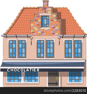 Facade of an old chocolate shop with a tiled roof and a veranda in Bruges. Vector illustration.. An old Belgian chocolate shop in Bruges.