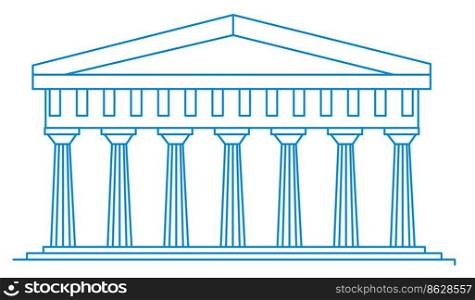 Facade of ancient Greek or Roman building, architecture of antique times. Isolated structure with columns, pillars with geometric lines. History and culture. Line art, sketch. Vector in flat. Ancient greek architecture, construction columns