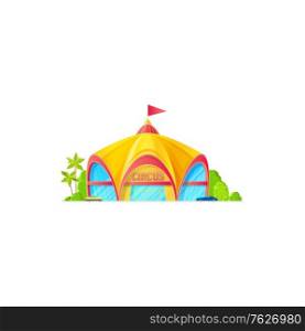 Facade of big top circus, flag on roof isolated building exterior with parking zone. Vector marquee awning with flag on roof, entertainment or performance arena, amusement shed, palm trees and bushes. Circus building and trees, facade exterior design