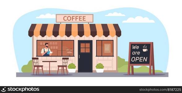 Facade of cafe with tables on terrace and inscription we opened. Restaurant or shop building. Front view house facade with door, windows and signboard cartoon flat isolated illustration vector concept. Facade of cafe with tables on terrace and inscription we opened. Restaurant or shop building. Front view house facade with door, windows and signboard, cartoon flat illustration, vector concept