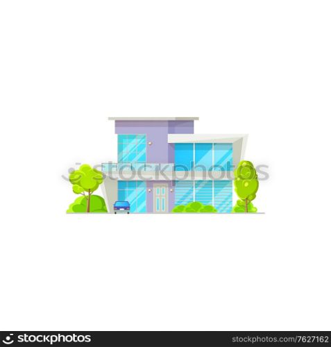 Facade of modern luxury patio, garage and parked cars,green trees. Vector chalet country house, contemporary building country style architecture isolated icon. House exterior with balcony veranda,. House building isolated patio facade exterior