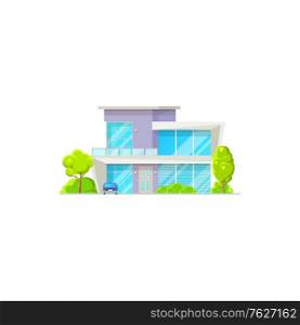 Facade of modern luxury patio, garage and parked cars,green trees. Vector chalet country house, contemporary building country style architecture isolated icon. House exterior with balcony veranda,. House building isolated patio facade exterior