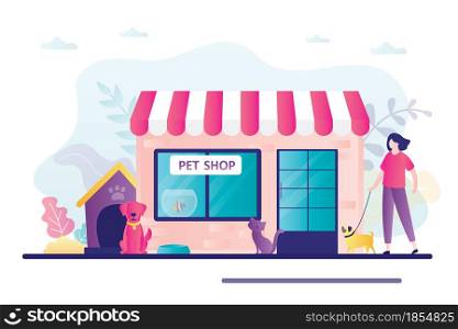Facade of pets or zoo store. Concept of animals shop and best animals supplies. People shopping toy or feed for pets. Banner on theme petshop. Female character walking dog. Flat vector illustration. Facade of pets or zoo store. Concept of animals shop and best animals supplies. People shopping toy or feed for pets