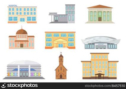 Facades of city buildings vector illustrations set. Hospital, police station, cinema, airport, hotel, church, school, theatre, bank isolated on white background. City life, government concept