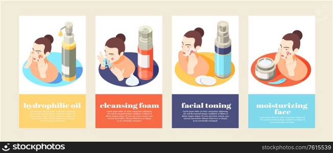 Face and skin care isometric 4x1 set of vertical banners with compositions of text and women vector illustration