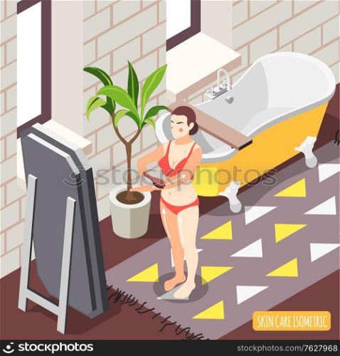 Face and skin care isometric background composition with text and bathroom interior with woman and mirror vector illustration