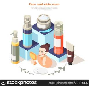 Face and skin care isometric composition of editable text woman and cosmetic treatment products on pedestals vector illustration