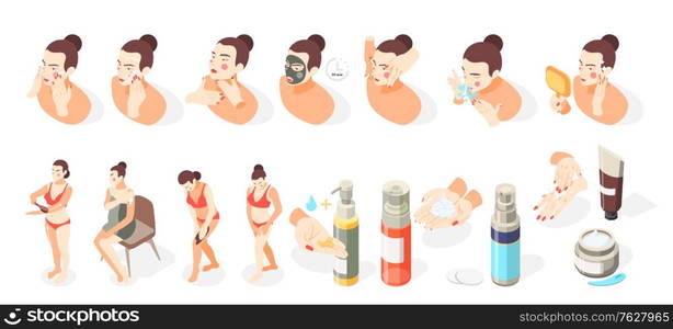 Face and skin care isometric icons set with isolated images of cosmetic treatment and female characters vector illustration