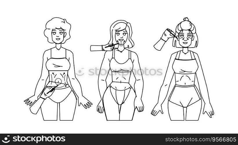 face belly surgery vector. mother kid, parent daughter, child home, family education, school learning face belly surgery character. people black line illustration. face belly surgery vector