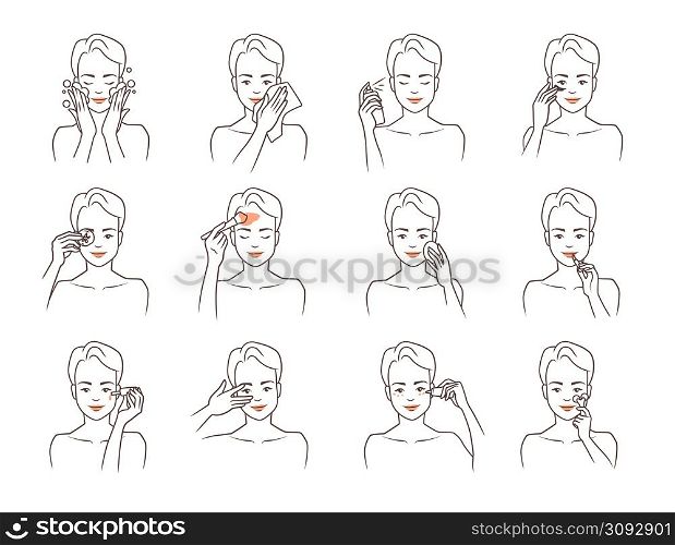Face care. Cute girl character making beauty mask. Woman applying lotion and moisturizing cream on skin. Facial cleanser and serum. Line art female body. Vector cosmetic spa procedures and makeup set. Face care. Girl character making beauty mask. Woman applying lotion and moisturizing cream on skin. Cleanser and serum. Line art female body. Vector cosmetic procedures and makeup set