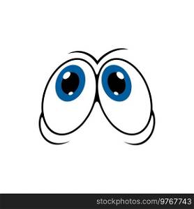 Face cartoon character, eye smile and comic funny cute emoji, vector icon. Cartoon eyes or facial emoticon or chat emotion expression, doodle googly big blue eyes. Eyes, face cartoon character, smile comic icon
