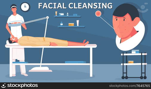 Face cleaning man composition with doodle human characters of patient and doctor with operating room scenery vector illustration