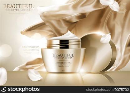 Face cream ads with golden color smooth satin and white petals in 3d illustration. Face cream ads