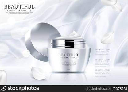 Face cream ads with pearl white smooth satin and petals in 3d illustration. Face cream ads
