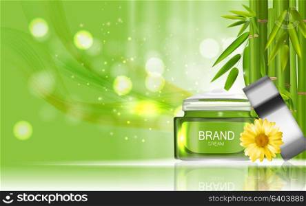 Face Cream Bottle Design Cosmetics Product Bottle with Flowers Chamomile Template for Ads, Announcement Sale, Promotion New Product or Magazine Background. 3D Realistic Vector Iillustration. EPS10. Face Cream Bottle Design Cosmetics Product Bottle with Flowers C