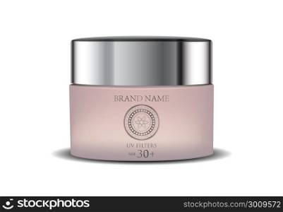 Face Cream Brown Beige Jar. Realistic blank cosmetics container for skin care essence. Facial cream box isolated on white background. Vector.