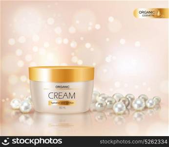 Face Cream Container And Pearls . Beautiful realistic vector illustration for advertisement of organic cosmetic series with face cream container and pearls