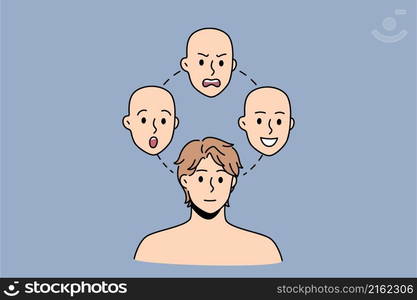 Face expression and moods concept. Young man choosing between surprised angry smiling and neutral positive face over blue background vector illustration . Face expression and moods concept.