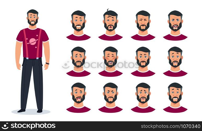 Face expressions. Cartoon man character with set of different emotions angry, pain, sad, happy, surprised guy. Vector expressing constructor avatar faces animation men image. Face expressions. Cartoon man character with set of different emotions, angry sad happy surprised guy. Vector avatar constructor