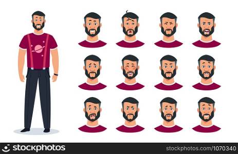 Face expressions. Cartoon man character with set of different emotions angry, pain, sad, happy, surprised guy. Vector expressing constructor avatar faces animation men image. Face expressions. Cartoon man character with set of different emotions, angry sad happy surprised guy. Vector avatar constructor